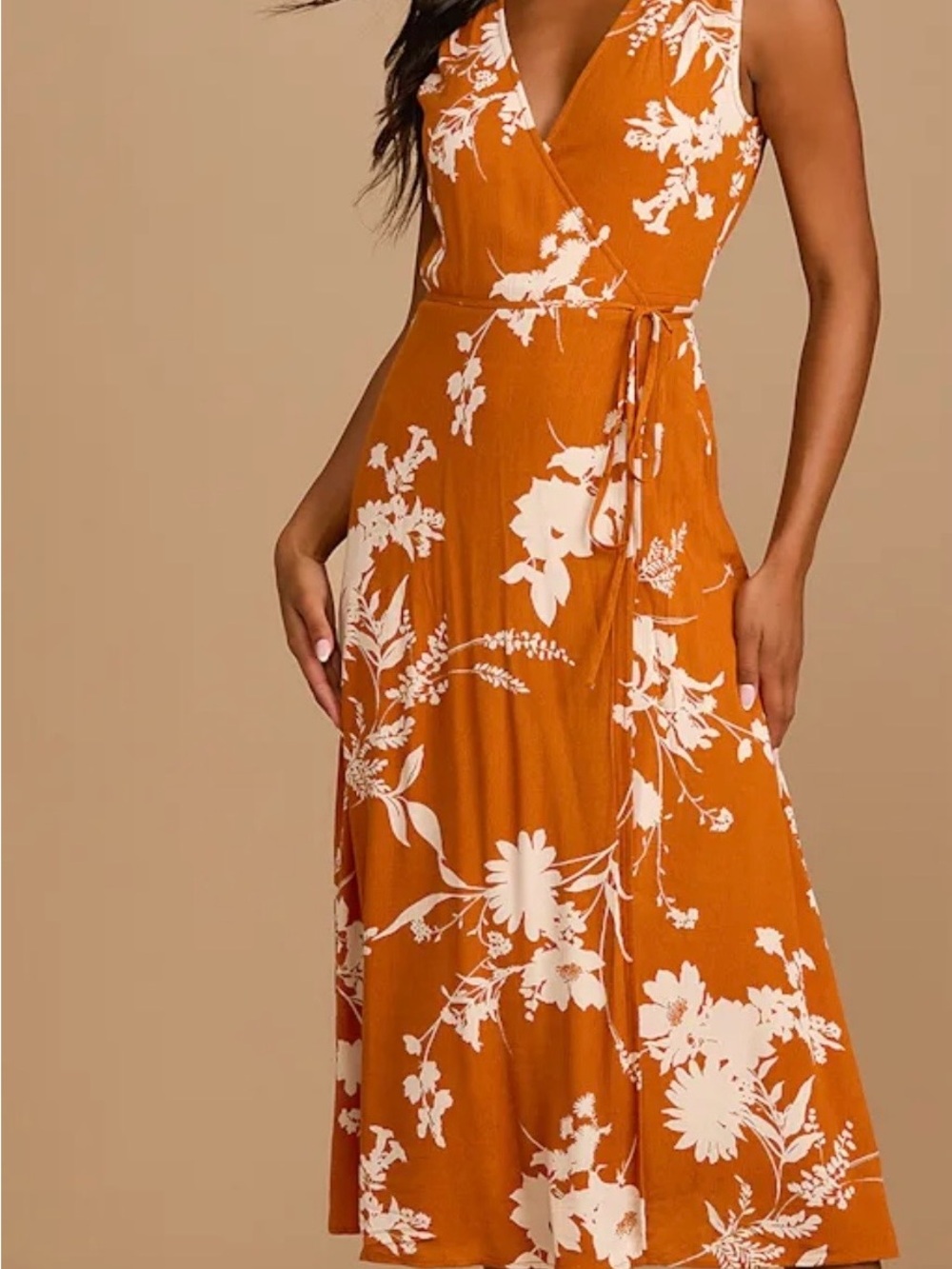Lulu's Rust Orange and White Floral Wrap Midi Dress